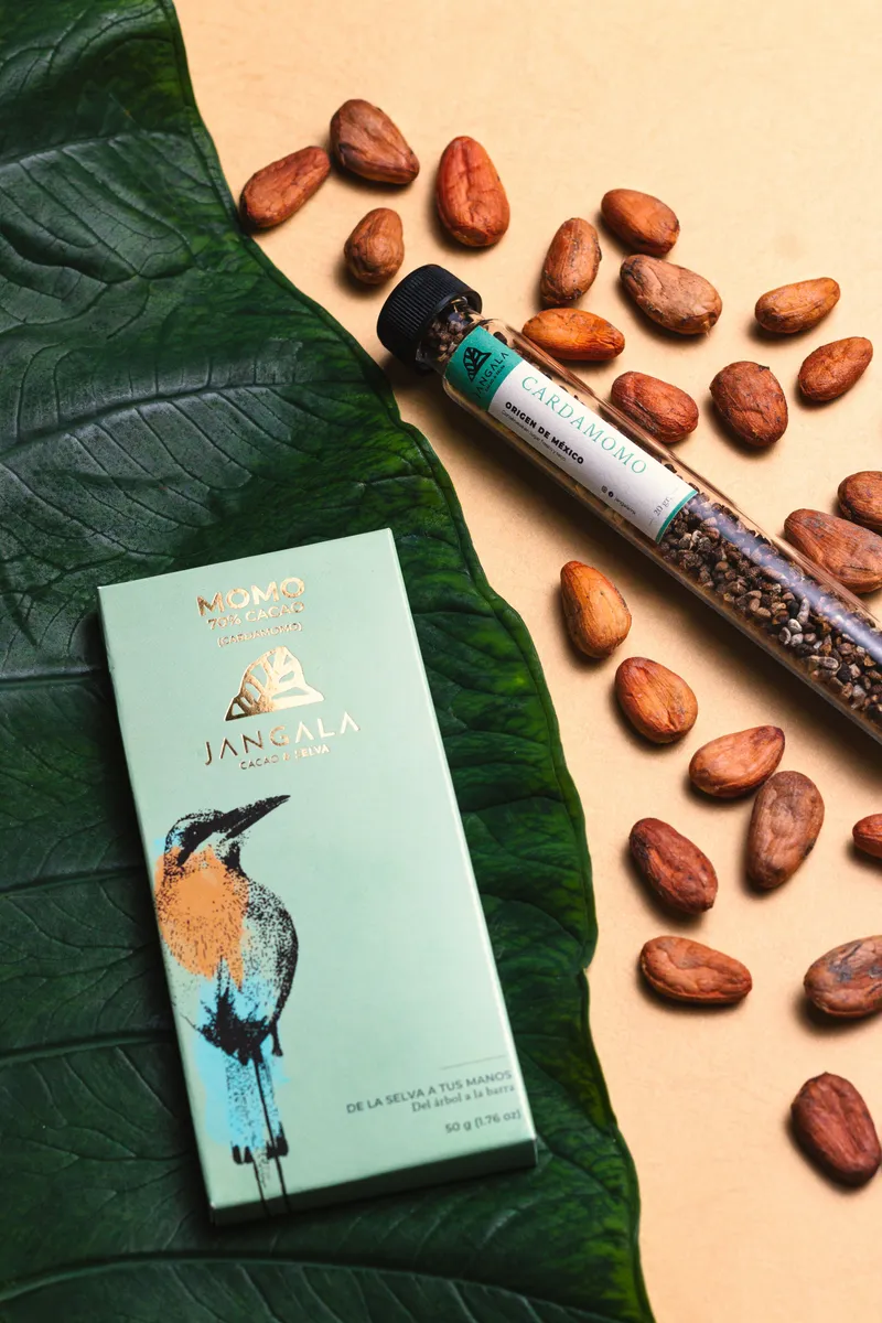 Mint chocolate bar wrap with a bird illustration on a leaf