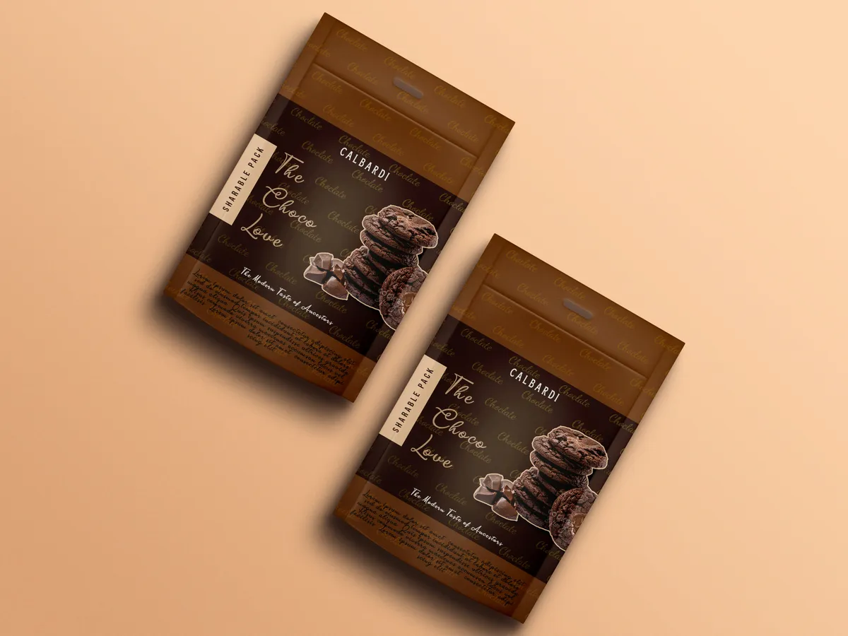 Two brown printed stand-up pouches for chocolate cookies