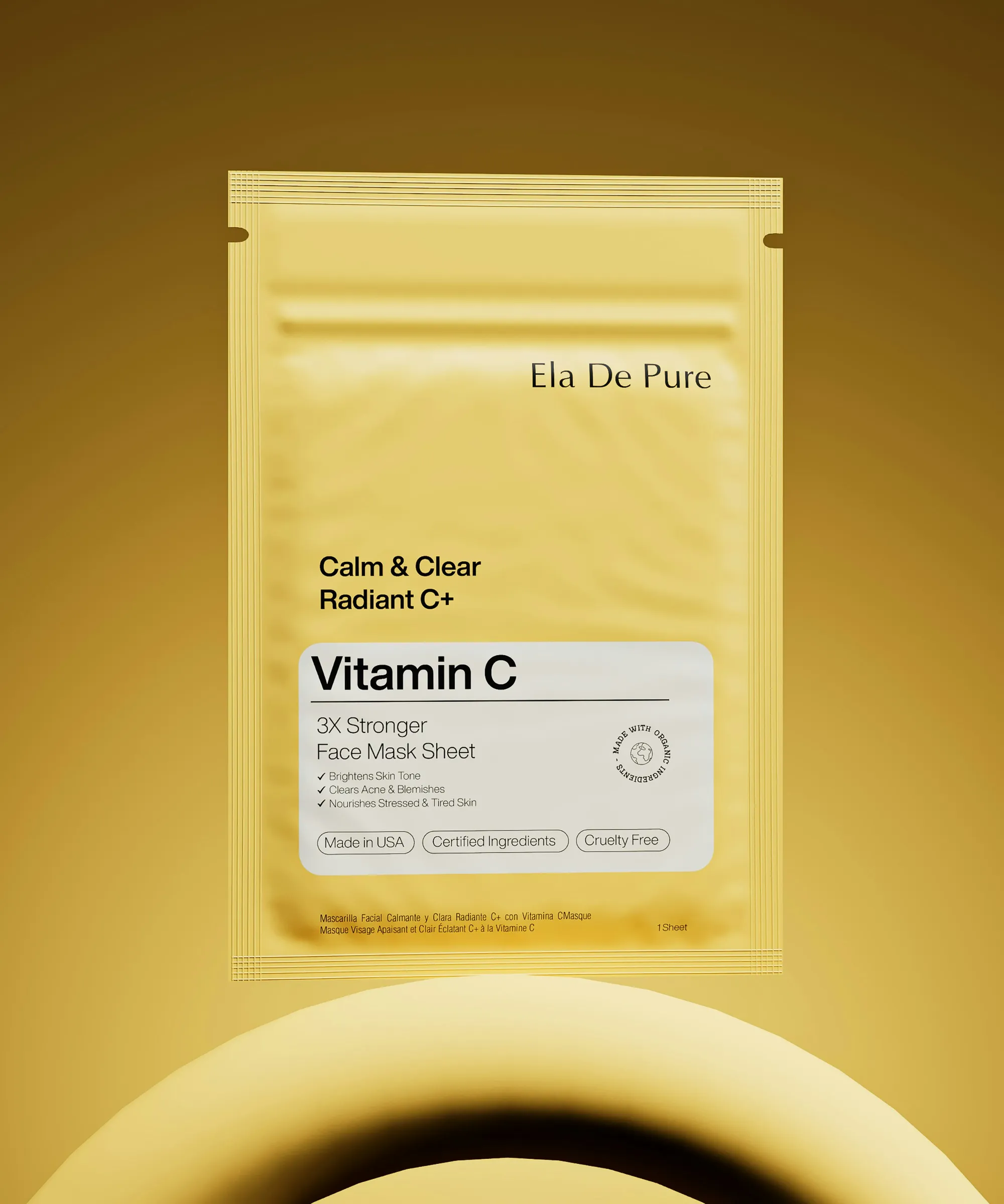 Yellow face mask sachet with a printed front panel