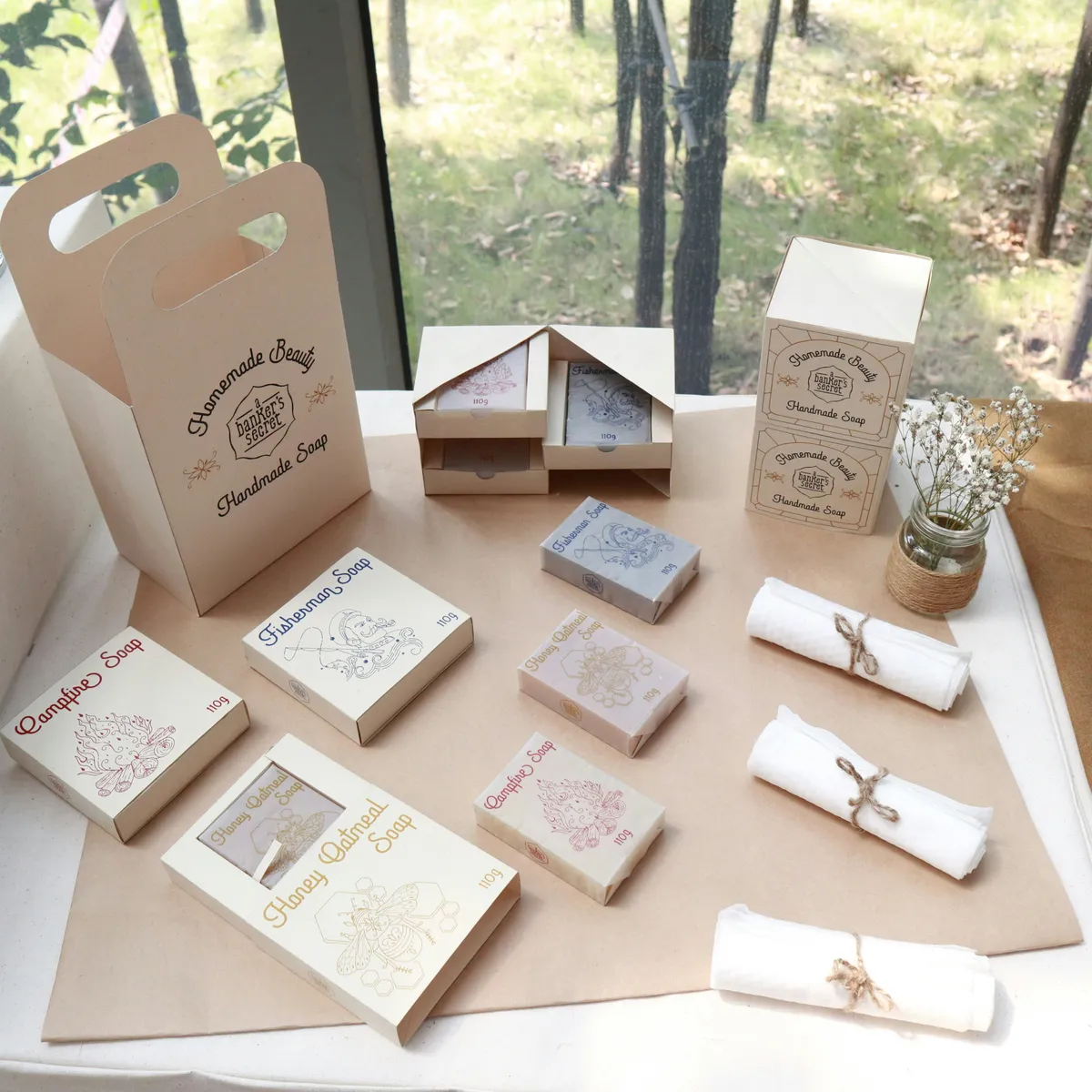 Handmade soap set: printed soap cartons, a kraft drawer box, carrier box and tall gift carton