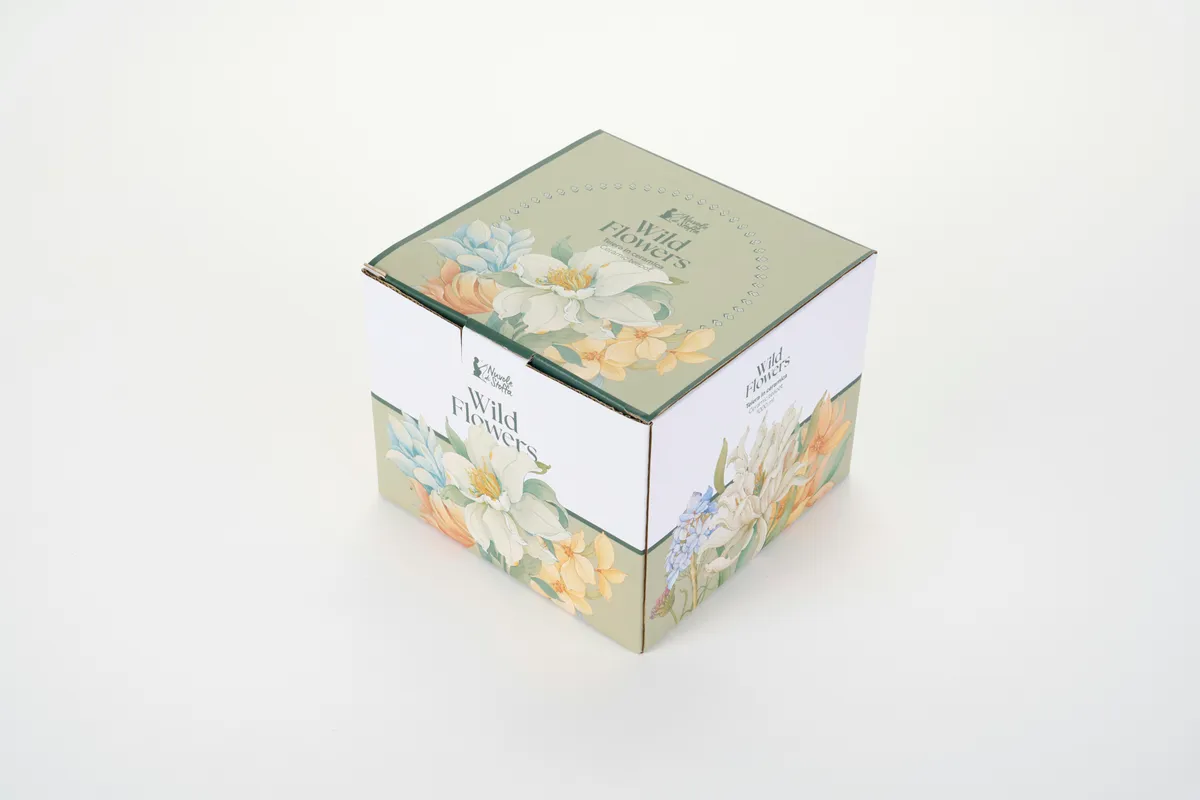 Square gift box printed all over with a watercolour wild flowers design