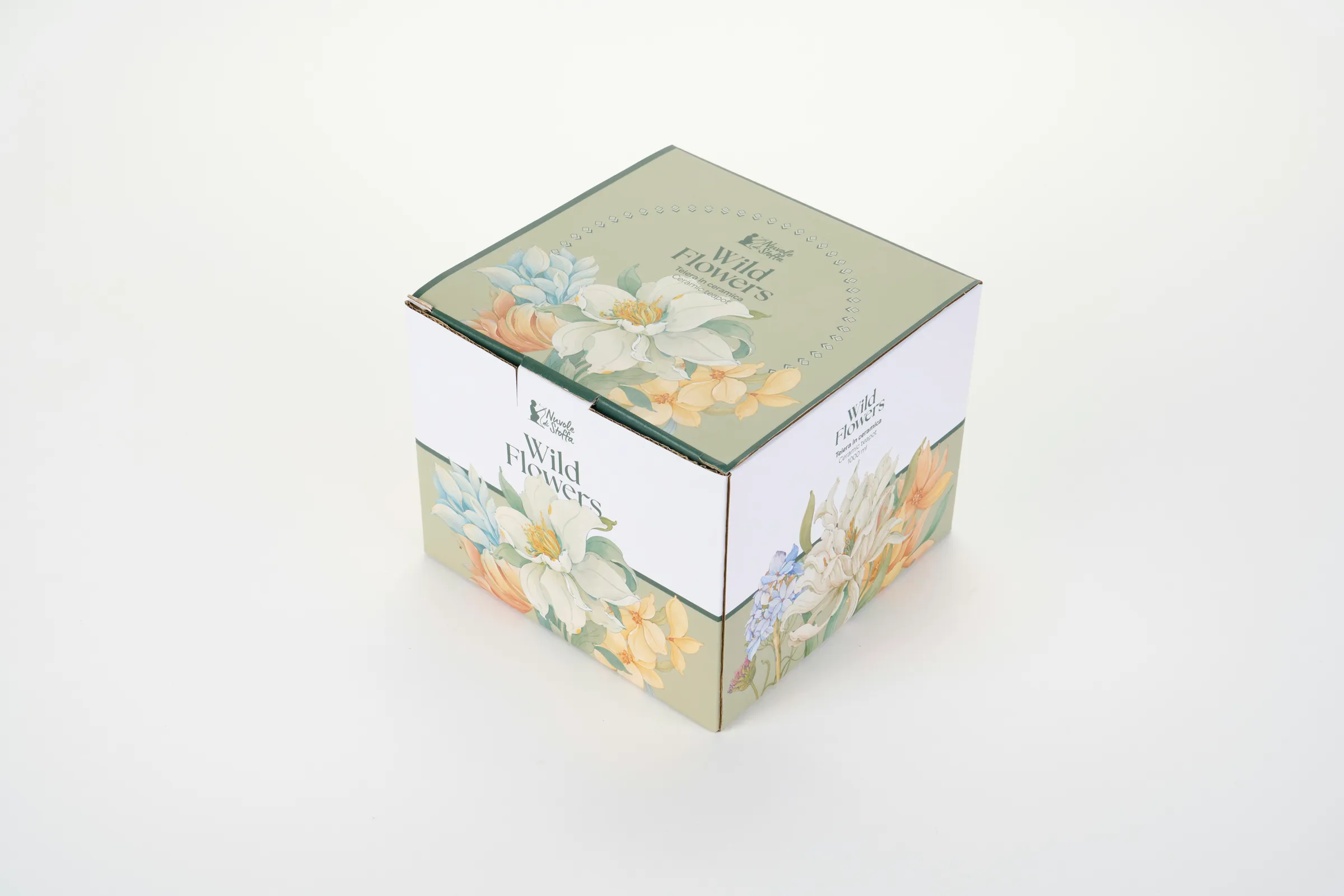 Square gift box printed all over with a watercolour wild flowers design