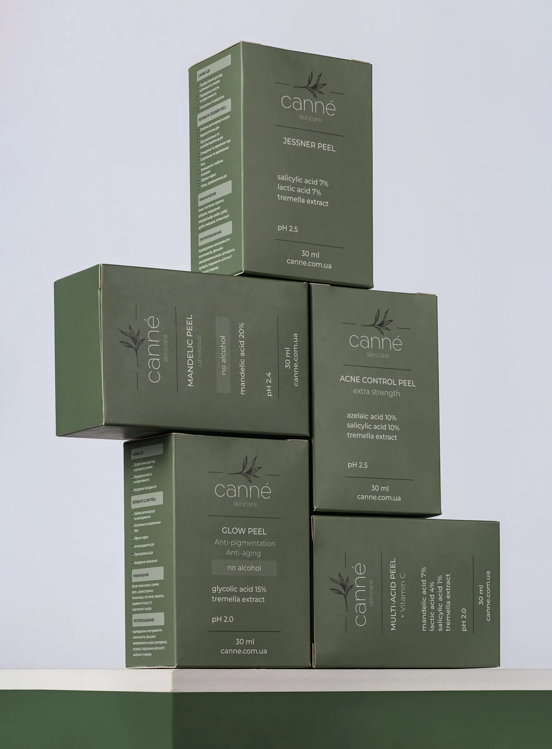 Stack of green skincare cartons with white print