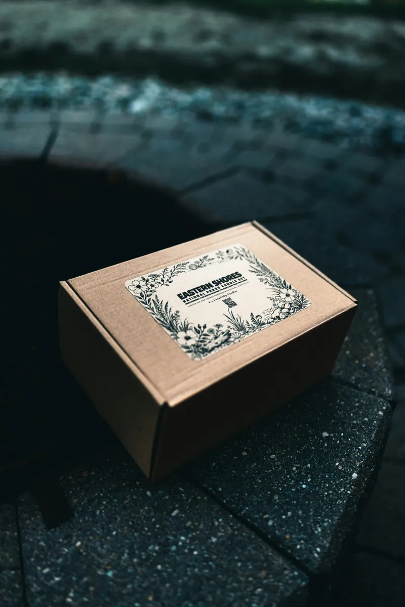Kraft mailer box with an illustrated front label on dark stone